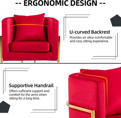 Velvet Accent Barrel Chairs Set of 2, Modern Arm Club Chair Set with Pillow for Living Room/Bedroom/Guest Reception, Channel Tufted, Gold Finish Base, Red