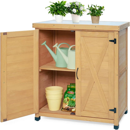 31" Weatherproof Small Storage Cabinet, Storage Cabinets with X-Shape Sturdy Design, Tool Cabinet with Magnetic Door for Patio and Garage, Light Brown