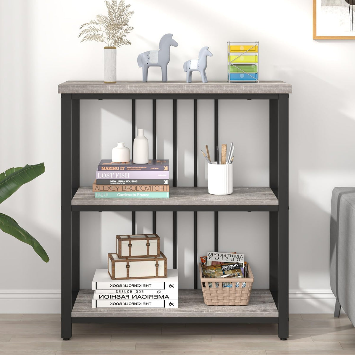 FOLUBAN 3 Tier Bookshelf, Short Bookcase for Small Space, Modern Wooden and Metal Book Shelf for Living Room Bedroom Office (Light Grey Oak)