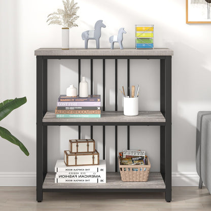 FOLUBAN 3 Tier Bookshelf, Short Bookcase for Small Space, Modern Wooden and Metal Book Shelf for Living Room Bedroom Office (Light Grey Oak)