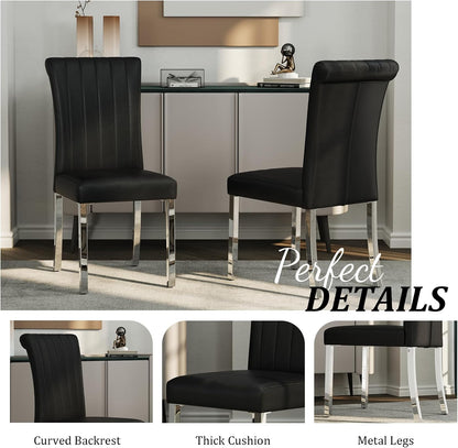 ACEDÉCOR Modern Dining Chairs Set of 4, Black Leather Dining Room Chairs with Silver Stainless Steel Legs, Upholstered Chairs with High Back and Metal Chrome Legs for Kitchen/Living Room/Restaurant