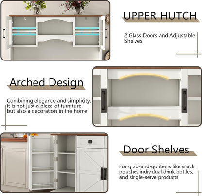 Loomie 60" Tall Farmhouse Pantry Cabinet, Kitchen Hutch with 2 Drawers, Kitchen Pantry Storage Cabinet with Adjustable Shelf and Microwave Stand, Food Pantry Cabinet for Living Room, Kitchen (White)