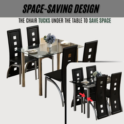 Karl home Glass Dining Table Set for 4, PVC Chairs,Silver Leg,Easy Assembly | Glass tabletop, 4 PVC chairs, space-saving, high back for long seating, for kitchen/breakfast/dining/living room