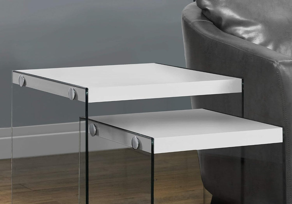 Set of 2 Square Nesting Tables with Sturdy Tempered Glass Base & Glossy White Laminate Tops – Modern Contemporary Accent Side Tables for Living Room and Bedroom Decor