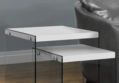 Set of 2 Square Nesting Tables with Sturdy Tempered Glass Base & Glossy White Laminate Tops – Modern Contemporary Accent Side Tables for Living Room and Bedroom Decor
