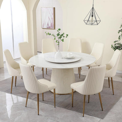 Round Marble Dining Table, Dining Table Faux Marble Stone Top Dining Room Set for 6-8 (White Tabletop, 59in Only Table with Lazy Susan)