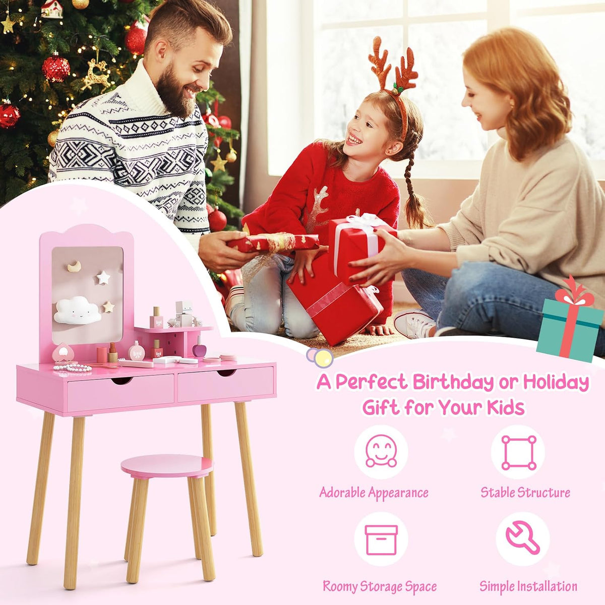 Costzon Kids Vanity Set, Girls Vanity Set with Mirror and Stool, 2 Large Drawers, Storage Shelf, Wooden Princess Makeup Dressing Table, Vanity Table and Chair Set for Toddlers (Pink)