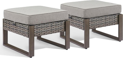 HUMMUH Patio Ottomans Outdoor Foot Rest-All Weather Rattan Outdoor Footstool with Removable Cover Cushions for Deck Porch Garden Balcony Poolside-Grey/Grey