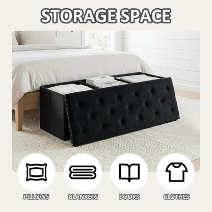 PINPLUS Folding Storage Ottoman Bench, Black Velvet | Large Storage Chest with Padded Seat, Footrest Stool and End of Bed Bench for Bedroom, Living Room and Entryway