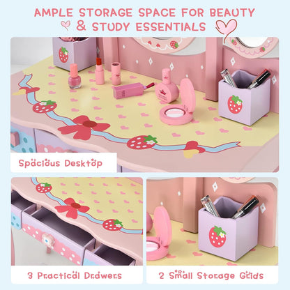 Costzon Kids Vanity Table & Chair Set, 2 in 1 Princess Makeup Dressing Table w/Detachable Top, Toddler Vanity w/Tri-fold Mirror, Drawers & Accessories, Vanity Set for Little Girls, Pink