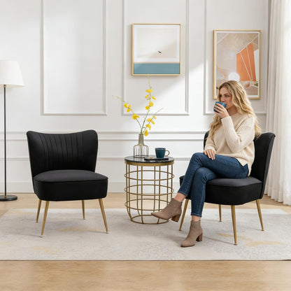Velvet Accent Chair Set of 2 Comfy Living Room Chair Armless Slipper Chair Mid Century Side Single Sofa Chair with Golden Legs Wingback for Bedroom Guest Room, Black
