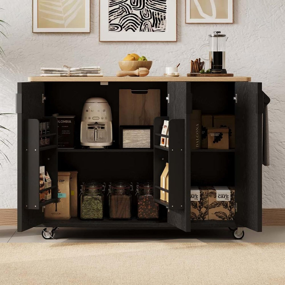 Kitchen Island with Drop Leaf with Drop Leaf Height-Adjustable Shelves, Rolling Island Cart for Kitchen with Wheels Towel Rack， for Kitchen, Dining Room, Black