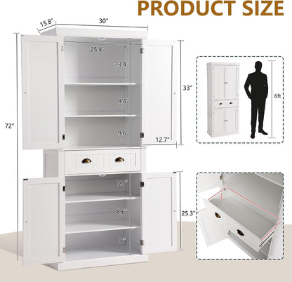 LOUVIXA 72" Kitchen Pantry Storage Cabinet, Freestanding Cupboard with 2 Cabinets, Drawer and Adjustable Shelves, Tall Storage Cabinet for Kitchen, Dinning Room, Living Room (White)