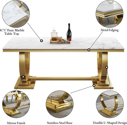 5 Pcs Dining Table Set, Kitchen and Dining Room Table Set for 4, 68" Rectangular White Faux Marble Dining Table with O-Shaped Gold Stainless Steel Base & Velvet Upholstered Beige Chairs