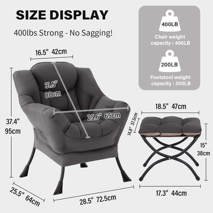 Tiita Lazy Chair, Gray Modern Large Accent Armchair, Comfy Leisure Sofa Reading Chair for Bedroom, Living Room, Dorm Rooms, Garden and Courtyard, Dark Grey