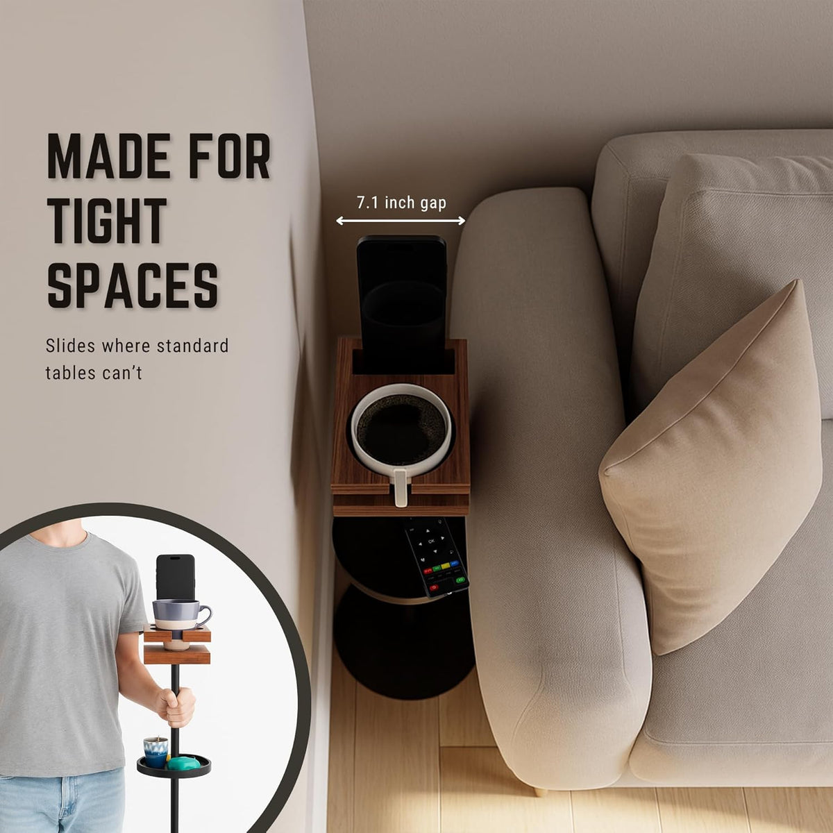Drink Table for Small Spaces - Slim Pedestal Side Table with Real Wood Top & Stable Base for Coffee & Cocktails - Ideal for Tight Living Room & Bedroom Spaces (Walnut)