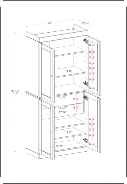 Palace Imports Solid Wood Kitchen Pantry - 71.5" H x 32" W Tall Storage Cabinet - with Adjustable Shelves & 2-Drawer Kit, Cupboard, Gray, 100% Renewable Eco-Friendly Wood, Made in Brazil