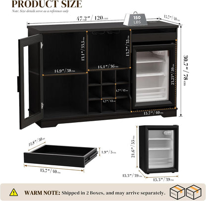 BROTTAR Large Coffee Bar Cabinet with Fridge (Fridge Included) | Liquor Wine Bar Cabinet with LED Lights, Glass Holder, Wine Rack, Human Body Sensor, Buffet Sideboard for Home, Black