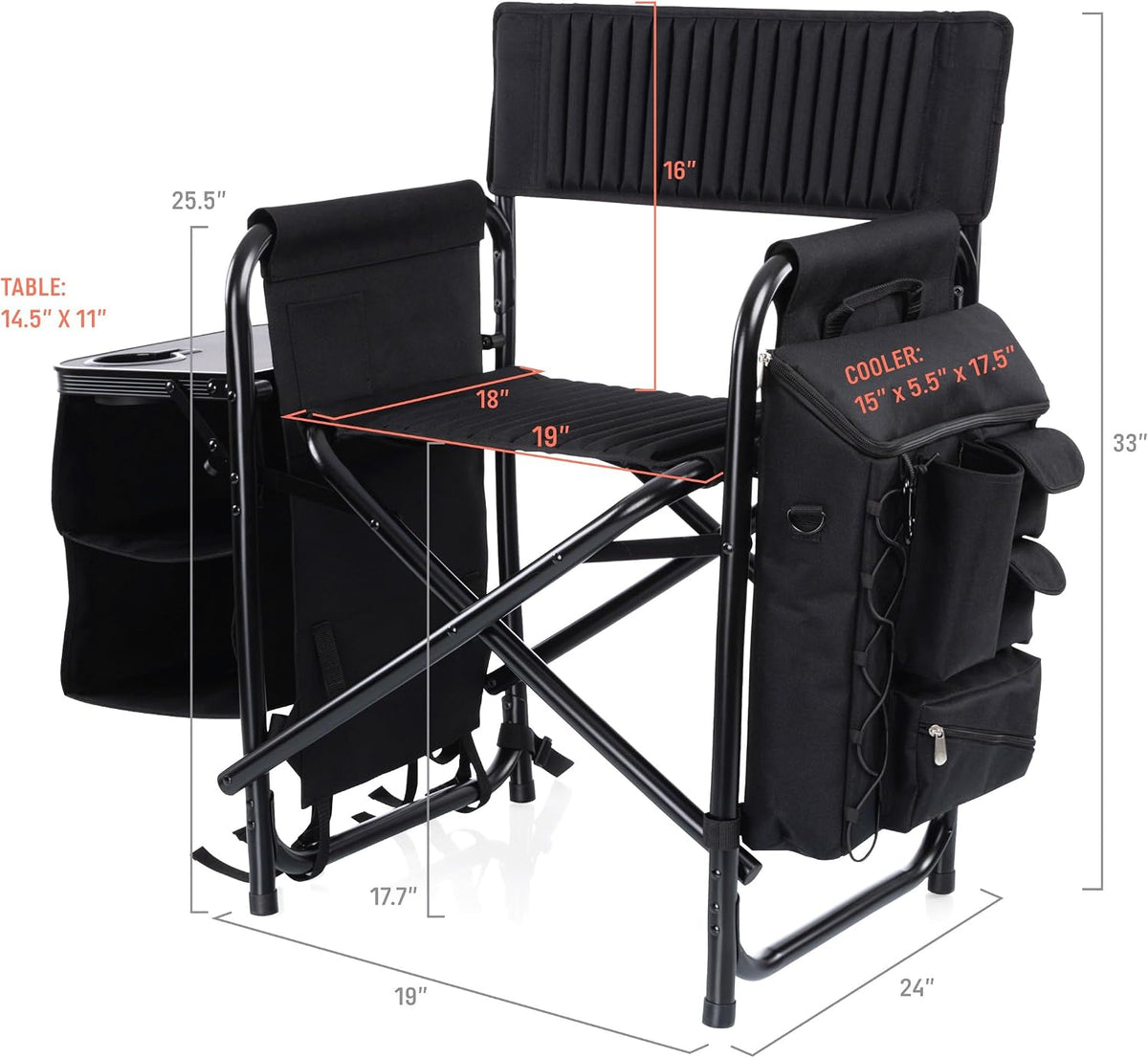 Picnic TIME Fusion Camping Chair with Side Table and Soft Cooler, Outdoor Foldable Padded Camping Chairs with Shelves, Pockets, & Cup Holder for Lawn, Beach, & Sports Use for Adults, (Matte Black)