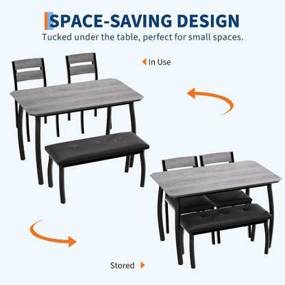 Kitchen Table Set for 4, 4-Piece Dining Table with 2 Chairs and PU Upholstered Bench - Cutting Corner Tabletop Design, Space-Saving Kitchen Furniture for Studio, Restaurant, Gray