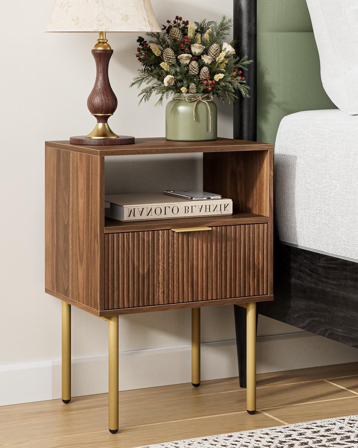 Nightstand,Small Bedside Table with Gold Frame,Walnut Night Stand,Bedside Furniture,Side Table with Drawer and Shelf for Bedroom,Living Room (1Drawer, Walnut)