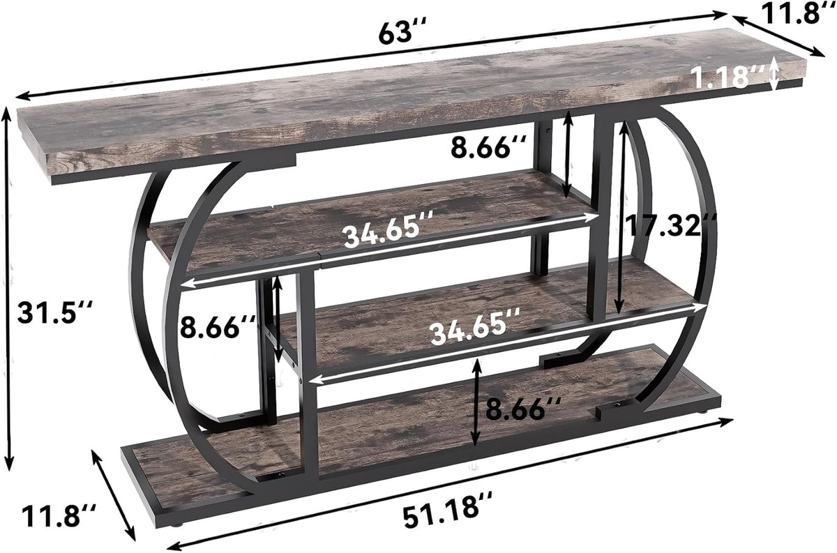 63" Narrow Console Table with Storage, 4-Tier Sofa Table Behind Couch, Industrial Entryway Accent Table with Metal Frame for Living Room, Hallway, Foyer