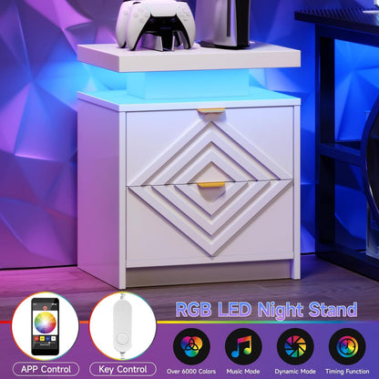 White Nightstand with Charging Station and LED Lights, Smart Night Stand, Modern Bedside Table with Drawers, RGB Lights, Power Outlets, USB and Type-C Ports, End Side Table for Bedroom Office (2)