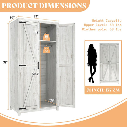 AMERLIFE 71" Farmhouse Wardrobe Closet with Hanging Rod & Barn Doors | Large Armoire Storage Cabinet, Storage Shelf, Versatile Clothing Organizer, Anti-Tip Kit, for Bedroom, White
