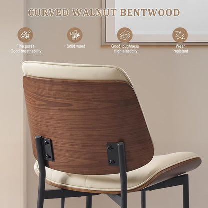 BV Mid Century Dining Chairs Set of 4, PU Leather Bentwood, Beige | Upholstered PU leather seat with walnut bentwood back, armless, retro mid-century style for kitchen, dining & living room