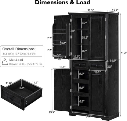 71" Tall Kitchen Pantry Cabinet, Freestanding Storage Cabinet with 3 Pull-Out Cabinet Organizers 6 Door Storage Shelves 2 Drawers, Farmhouse Embossed Texture Cupboard for Kitchen, Black