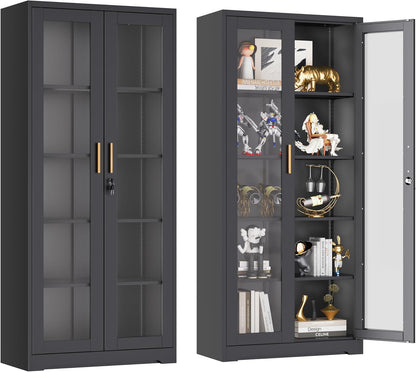 UNICOLY Lockable Display Cabinet with Glass Doors, Curio Cabinets with 4 Adjustable Shelves, Liquor Bookcase Bookshelf with Doors, Metal Storage Cabinet for Living Room Pantry, Black