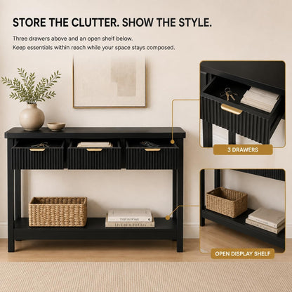 Lulive Fluted Console Table, 51 Inch Entryway Table with 3 Drawers | Scandi farmhouse look with quiet full-extension slides, open lower shelf, profile for hallway, entry, foyer or behind sofa.