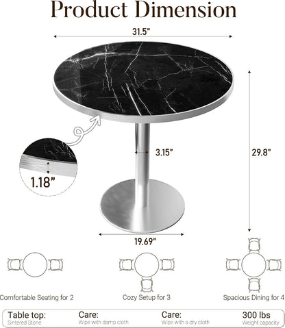 31.5" Tulip Table, Small Round Dining Table with 1.2" Thick Sintered Stone Tabletop and Silver Metal Pedestal Base, Bistro Table for Diner, Restaurant, Café, Bakery, Apartment (Marble Black Silver)
