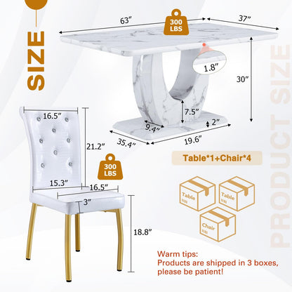 Modern Faux Marble Dining Table Set for 4, 63" White Rectangular Kitchen Table with Elegant U-Shaped Pedestal Base & 4 Tufted Upholstered High-Back Chairs, Luxury 7-Piece Dining Room Furniture Set
