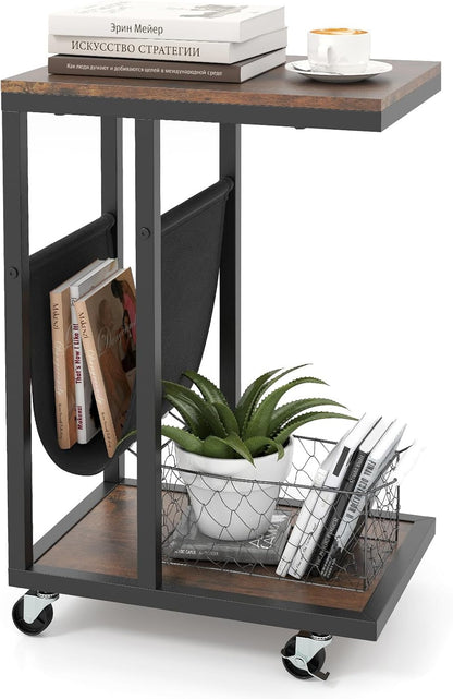 Giantex C Shaped End Table with Rolling Wheels, Sofa Side Table with Magazine Storage Holder & Metal Frame, Mobile TV Tray Table for Small Space Living Room, 16" L x 11" W x 23" H, Rustic Brown