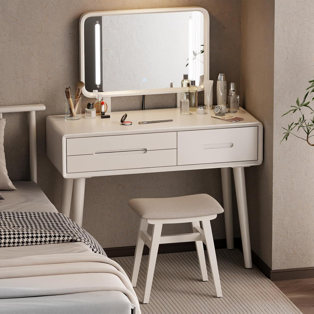 Solid Wood Small Vanity Stool Chair, Makeup Stools for Vanity Desk, Bathroom Vanity Chair, Padded Foot Stool for Living Room, Ottoman Foot Rest for Couch, Small Bench for Entryway, White