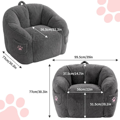 Vipbear Cat Paw Bean Bag Chair, Oversized Air-Cushion Sofa Chair Dark Gray | 39", air-cushion filling, cat paw Pocket, carry handle, oversized firm support, ergonomic, plush faux fur, gaming, reading