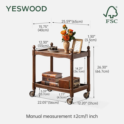 YESWOOD Vintage Walnut Side Table with Lockable Wheels, 2‑Tier Rolling End Table Nightstand for Small Space Living Room Bedroom(Walnut, 27.9" D x 18.47" W x 25.15" H)