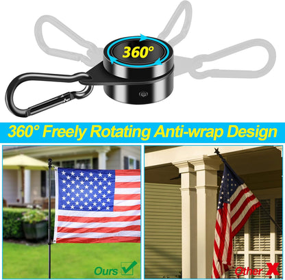 Flag Pole Rings, 1" Spinning Flagpole Ring Clips, 2 Pcs Aluminum Alloy & Steel 360° Rotating Anti Wrap Flag Mounting Rings with Snap Carabiners for 0.75-1.02 Inch Diamete Flagpole (Φ1, Black)