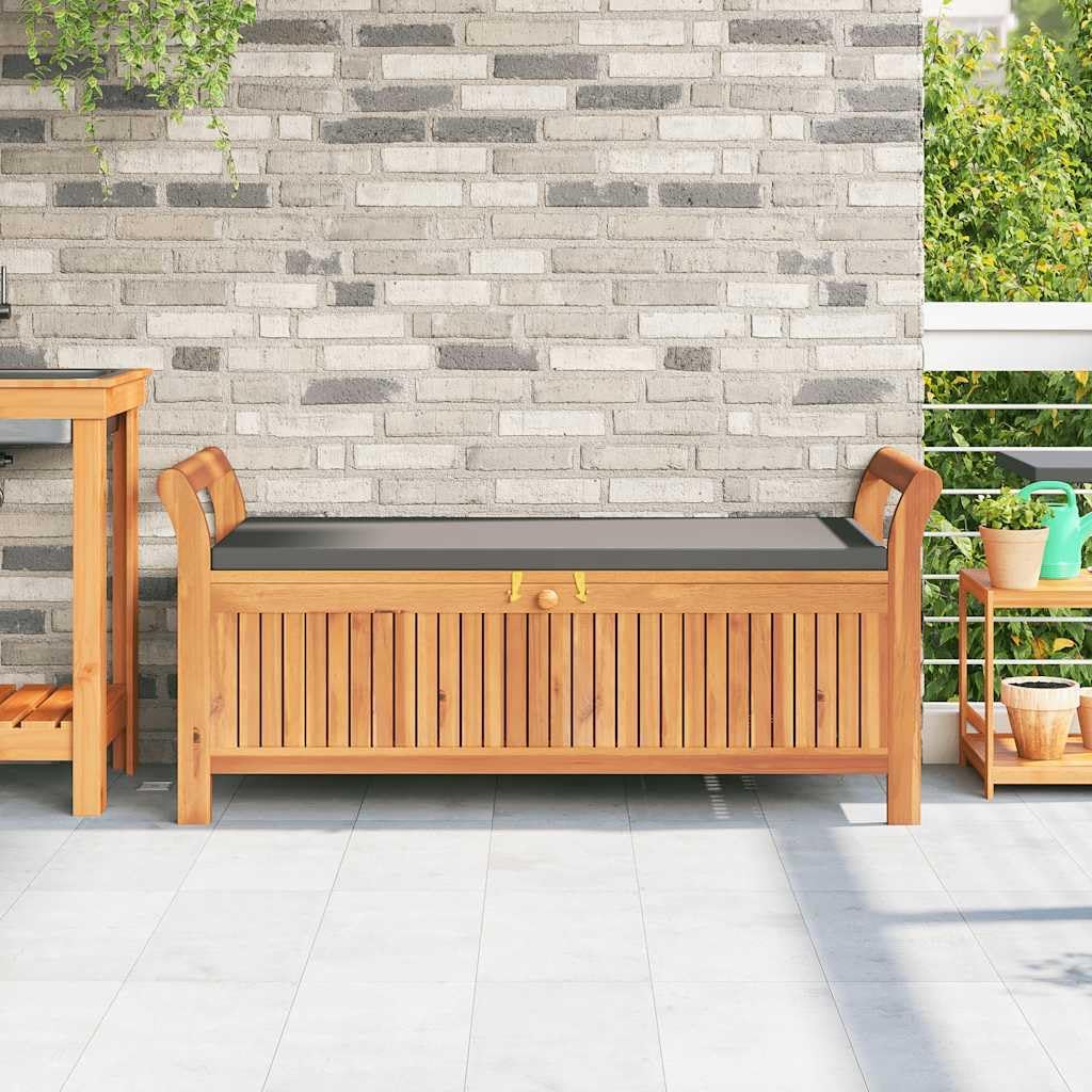 Garden Storage Bench with Dark Grey Cushion, Solid Acacia Wood Outdoor Storage Seat for Patio Balcony and Terrace, 2-Seater Wooden Deck Bench with Under-Seat Storage, Brown Finish
