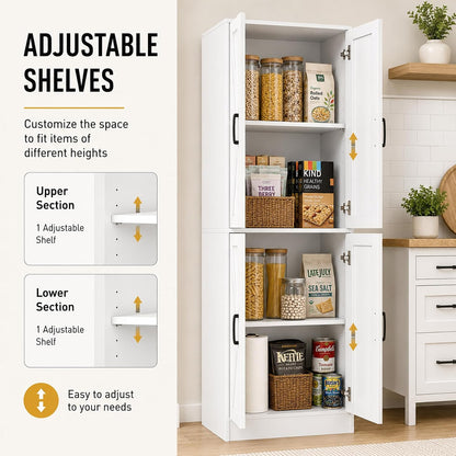 Kitchen Pantry Storage Cabinet, 68" Tall White Food Pantry Cabinet with Doors and Adjustable Shelves, Freestanding Farmhouse Storage Cabinet for Kitchen, Dining Room, Bathroom, Laundry Room (White)
