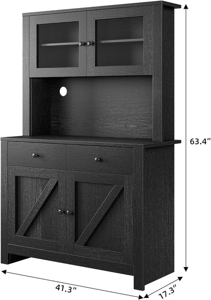 GarveeHome Kitchen Pantry Cabinet with Microwave Stand, Freestanding Hutch Cabinet with Buffet Cupboard, Tall Kitchen Cabinets with Adjustable Shelves for Dining Room, Black