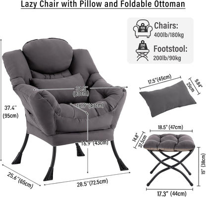 Lazy Chair with Ottoman, Comfy Chair with Pillow，Dark Grey