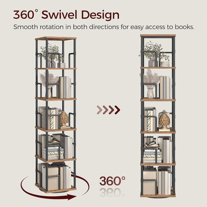MAHANCRIS 5-Tier Rotating Bookshelf, Freestanding Corner Bookshelf, 360° Spinning Bookcase, Industrial Style Storage Rack with Rails, for Living Room, Bedroom, Study, Rustic Brown and Black BKHR1601