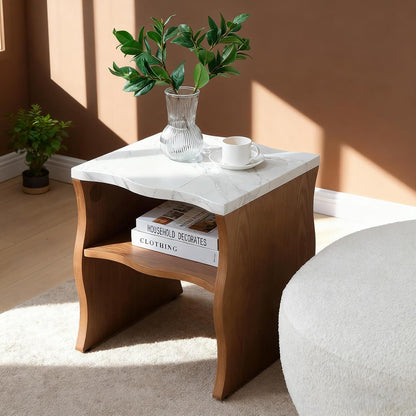 Mid-Century Modern Side Table,17.72" Whisper of Waves Design End Table with White Marble-Pattern Tabletop Open Storage Shelf and Solid Wood Veneered Base Bedroom Nightstand End Table for Living Room
