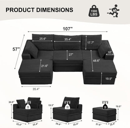 107'' Modular Sectional Sofa, Deep Seat Couch with Storage | Oversized High-Back for Living Room & RV | With Ottoman | High Density Foam & Corduroy | Tool-Free Assembly | Cozy Dark Gray