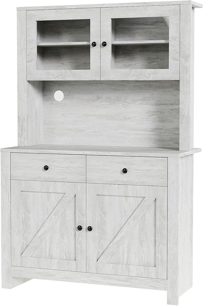 TrailBlaze Freestanding Pantry Cabinet with Microwave Stand - Coffee Bar & Buffet Hutch - 4 Doors and Adjustable Shelves - Tall Storage Cupboard for Dining Room - Color: Grey