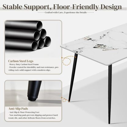 63" Sintered Stone Dining Table, Modern Rectangular Kitchen Table with Carbon Steel Legs for 4-6 Seat, Scratch Heat and Stain Resistant for Dining Room/Restaurant (White w/Black Gold Vein)