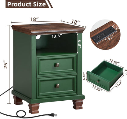 SAVOR LIFE Farmhouse Nightstand Set of 2 with Charging Station, Green | End Tables Bedroom with 2 Drawers, Traditional Night Stand with Open Shelf & Thickened Top & Square Wooden Legs