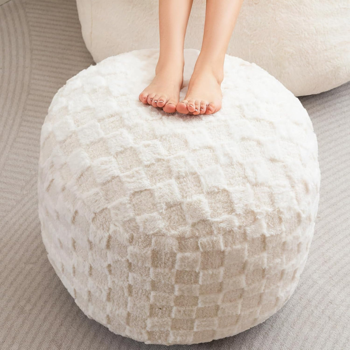 HIGOGOGO Round Stuffed Pouf Ottoman, Plaid Poufs with Foam Chunk Filling, Fluffy and Furry Pouf Foot Stool Storage Ottoman, 26 X 18 Floor Poufs Foot Rest for Living Room, Beige